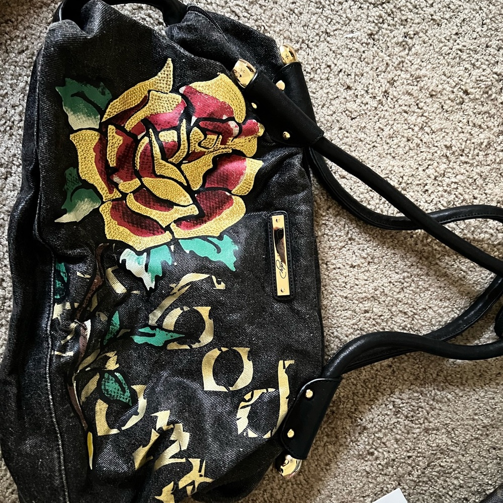 Vintage Ed Hardy Black and Red Shoulder Bag with Artistic Floral Design